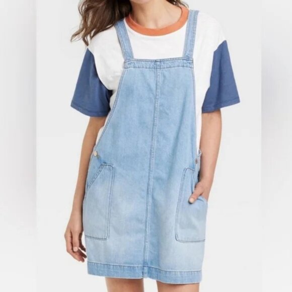 Universal Thread Denim Jumper Mini Overall Dress Sz M Pockets - Picture 14 of 14